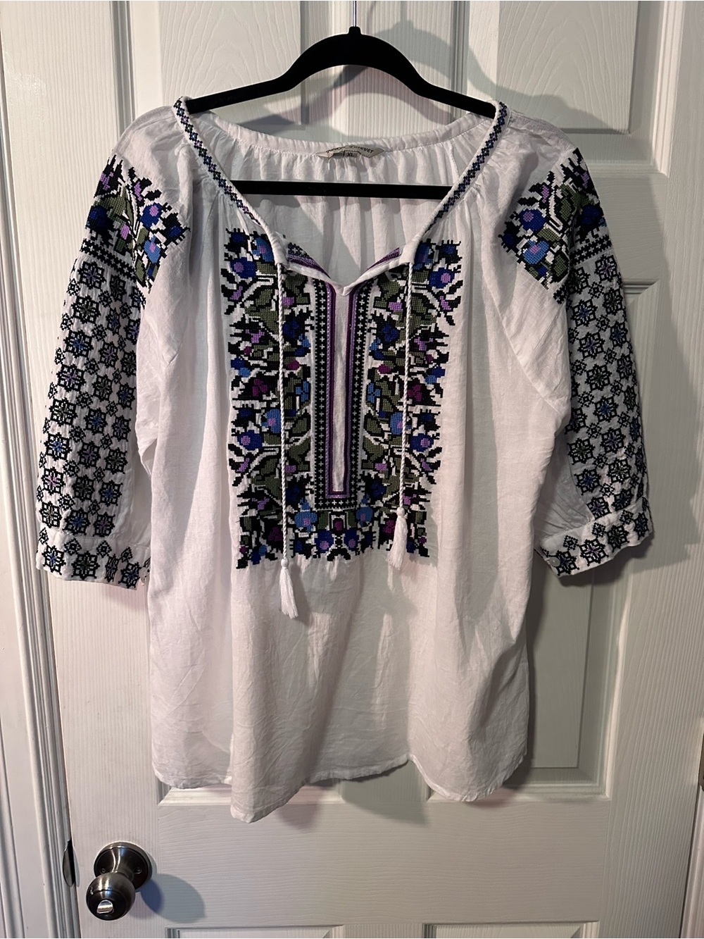 White Embroidered Peasant Blouse with Blue & Purple Accents